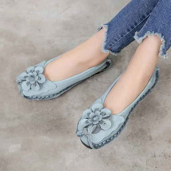 Womens Genuine Leather Flowers Flat Loafers