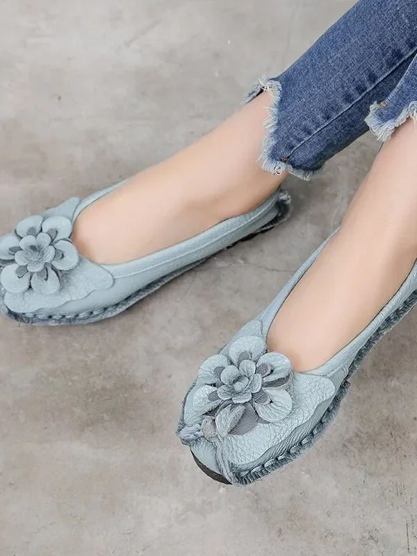 Womens Genuine Leather Flowers Flat Loafers