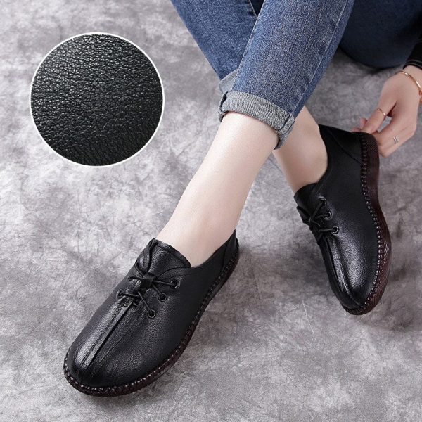 Spring Genuine Cow Leather Flat Comfortable Shoes For Women Summer Hollow Breathable Lace-Up Casual Ladies Flats