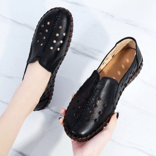 Summer Genuine Leather Vintage Loafers Shoes Women Lazy Slip-On Handmade Leather Breathable Hollow Soft Shoes Woman