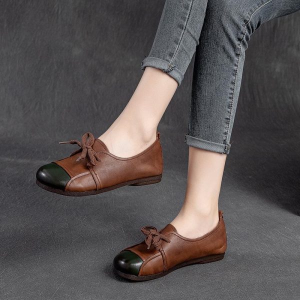 Alternative view of Flats Women Shoes Mixed Colors Genuine Leather Lace-Up Retro Round Toe  Shallow Concise Handmade Ladies Shoes