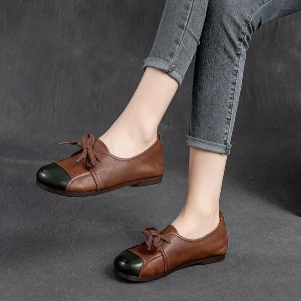 Alternative view of Flats Women Shoes Mixed Colors Genuine Leather Lace-Up Retro Round Toe  Shallow Concise Handmade Ladies Shoes
