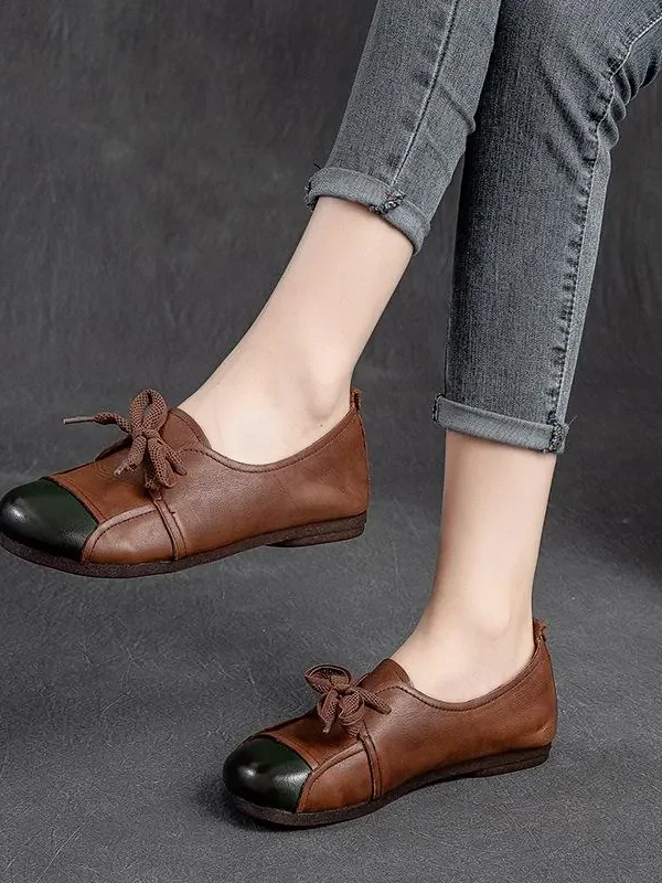 Alternative view of Flats Women Shoes Mixed Colors Genuine Leather Lace-Up Retro Round Toe  Shallow Concise Handmade Ladies Shoes