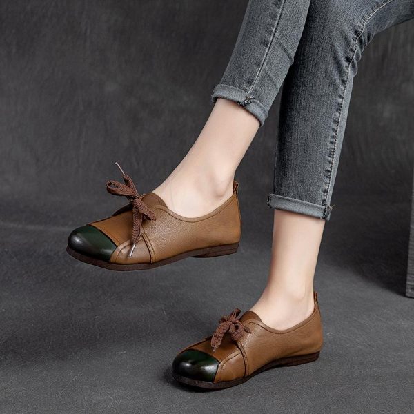 Flats Women Shoes Mixed Colors Genuine Leather Lace-Up Retro Round Toe  Shallow Concise Handmade Ladies Shoes