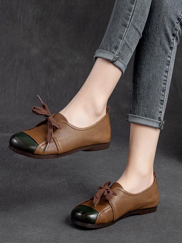 Flats Women Shoes Mixed Colors Genuine Leather Lace-Up Retro Round Toe  Shallow Concise Handmade Ladies Shoes