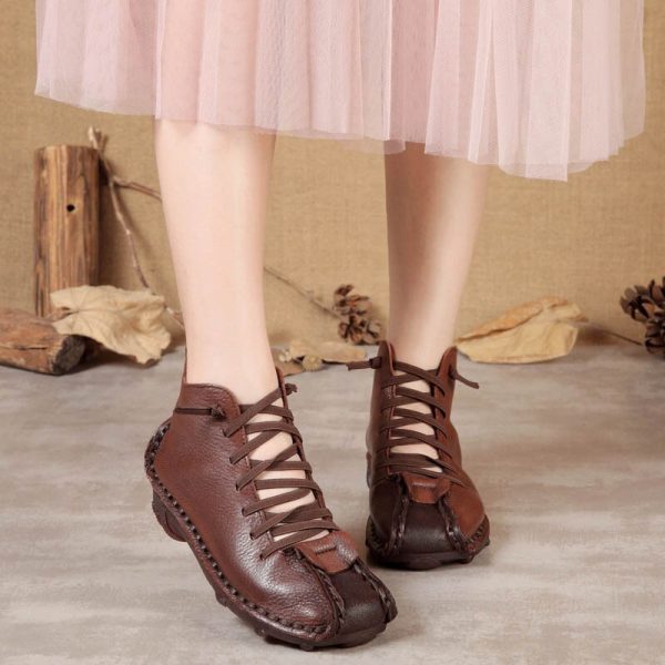 Genuine Leather Women Boots Lace-up Round Toe Handmade Sewing Flat Shoes