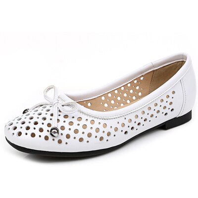 Genuine Leather Summer Shoes Woman Breathable  Flat Low Heel Bowknot Hollow Out Leather Slip On Shoes For Women Soft