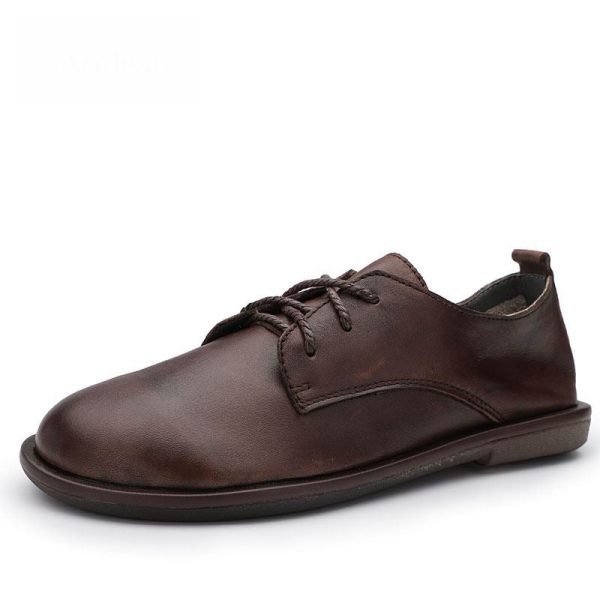 Original Spring and Summer  Round Toe Lace-up Flat Sole Women Shoes British Style Genuine Leather Simple Flats