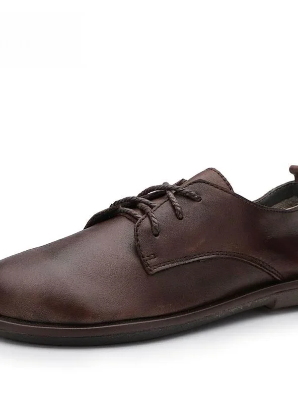 Original Spring and Summer  Round Toe Lace-up Flat Sole Women Shoes British Style Genuine Leather Simple Flats