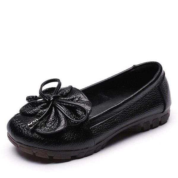 Spring Autumn Genuine Leather Slip On Flat Shoes Women Loafers Soft Bottom Shallow Butterfly-knot Mother Casual Shoes