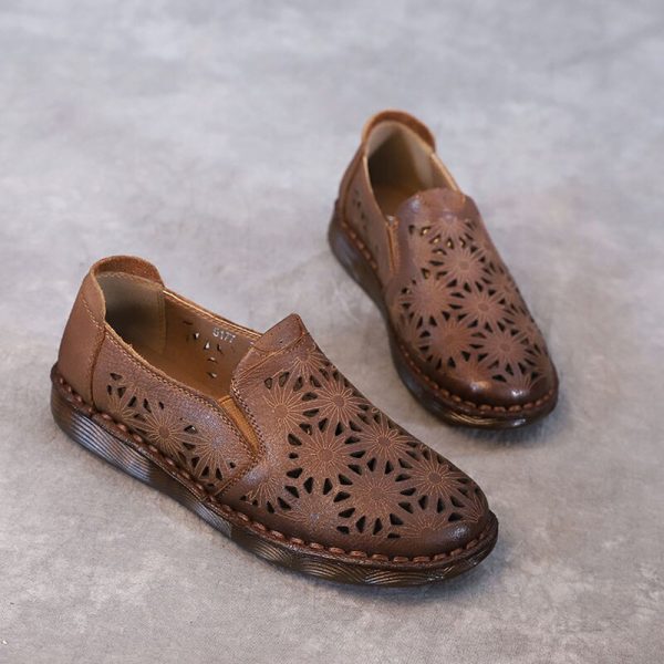 Spring Summer Slip On Women Shoes Hollow Breathable Genuine Leather Moccasins Flats Shoes Female Handmade Black Brown