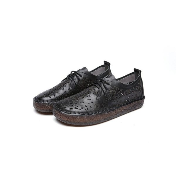 Summer Hollow Out Women Flats Original Genuine Leather Shoes Round Toes Handmade Vintage Ladies Soft Bottom Flat Shoes
