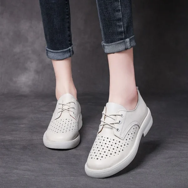 Women Flat Shoes Lace Up Moccasins Soft Genuine Leather Ladies Shoes Handmade Flats Hollow Casual Women Shoes