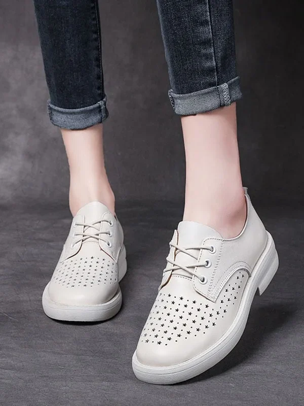 Women Flat Shoes Lace Up Moccasins Soft Genuine Leather Ladies Shoes Handmade Flats Hollow Casual Women Shoes