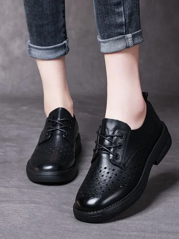 Alternative view of Women Flat Shoes Lace Up Moccasins Soft Genuine Leather Ladies Shoes Handmade Flats Hollow Casual Women Shoes