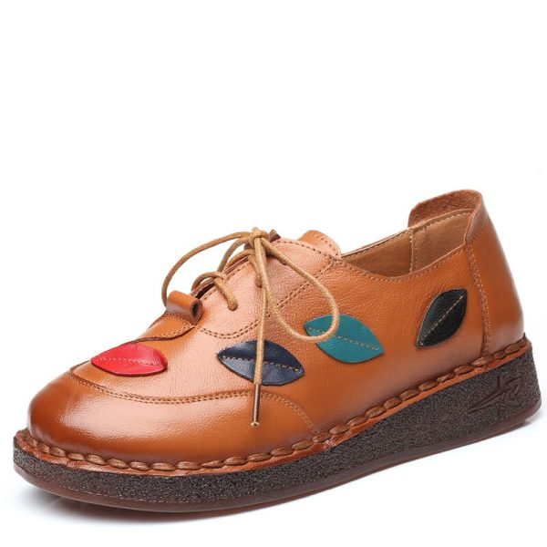 Women's Hand-Sewing Shoes Genuine Leather Flat Lacing Mother Shoes Woman Loafers Soft Single Casual Shoes Women Flats