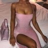 Glitter Backless Bandage Dress Women Spaghetti Strap High Slit Stretchy Dress Sleeveless Party Drtesses Summer Vestido - Hplify