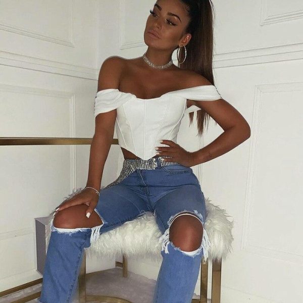 Cryptographic PU leather Sexy Bustier Corset Top Off Shoulder Chiffon White Strapless Female Top Cropped Tops Women Clothes - Hplify