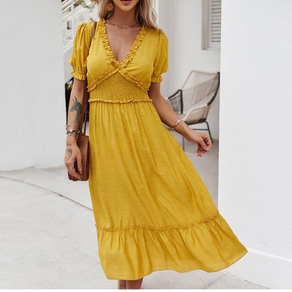 Spring Summer Sexy Ruffles Dress Women Casual High Waist Solid Color Knee Length Dress Ladies Slim Yellow