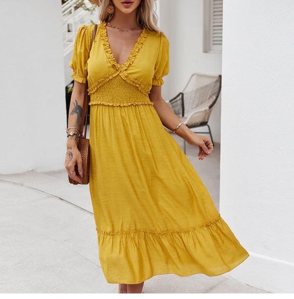 Spring Summer Sexy Ruffles Dress Women Casual High Waist Solid Color Knee Length Dress Ladies Slim Yellow