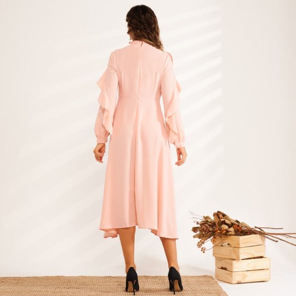 Alternative view of Solid Color Lace Ruffled Stitching Small Stand-up Collar Long-sleeved High-waisted Sweet Pink Dress