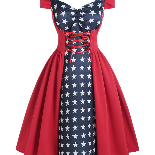 Vintage Women Dress Star Gingham Ruched Lace Up Sweetheart Neck Dress Short Sleeves Midi A-Line Party Dress Elegant