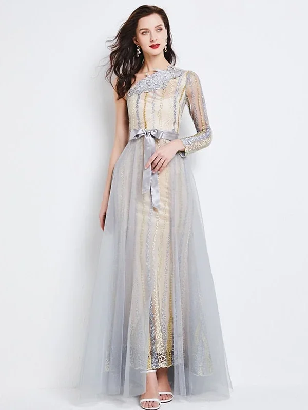 Alternative view of Women's Runway Dresses Sexy One Shoulder Embroidery Sash Belt Two Pieces Fashion Maxi Party Prom Designer Gown