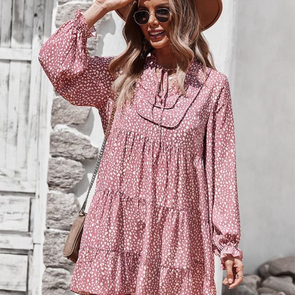 Loose Print Short Dress Women Casual Full Sleeve Above Knee Mini V-Neck Ladies Autumn Winter Dot Oversize Dresses