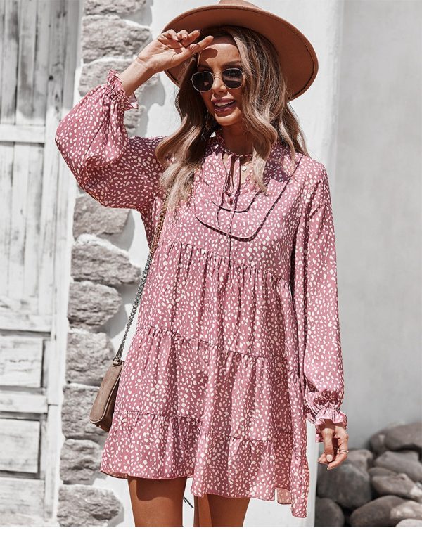 Loose Print Short Dress Women Casual Full Sleeve Above Knee Mini V-Neck Ladies Autumn Winter Dot Oversize Dresses