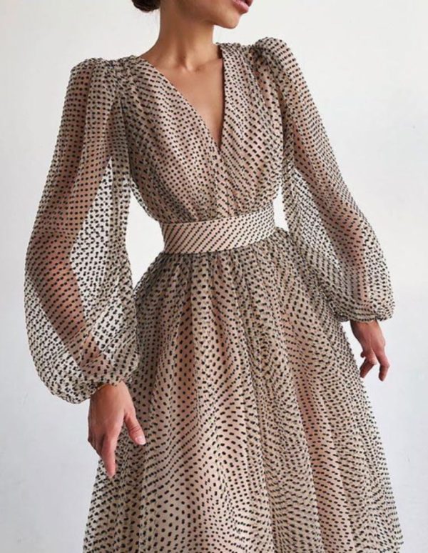 Polka Dot High Waist Midi Dresses Women V-Neck Sweet Long Puff Sleeve Elegant Dress Female 2021 Christmas Lady Party Vestidos - Hplify