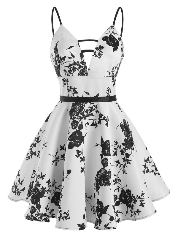 Sexy Casual Women Dress Plus Size Flower Print Ladder Cut Plunge Front Dress Spaghetti Strap Fashion Party Dress Vestidos