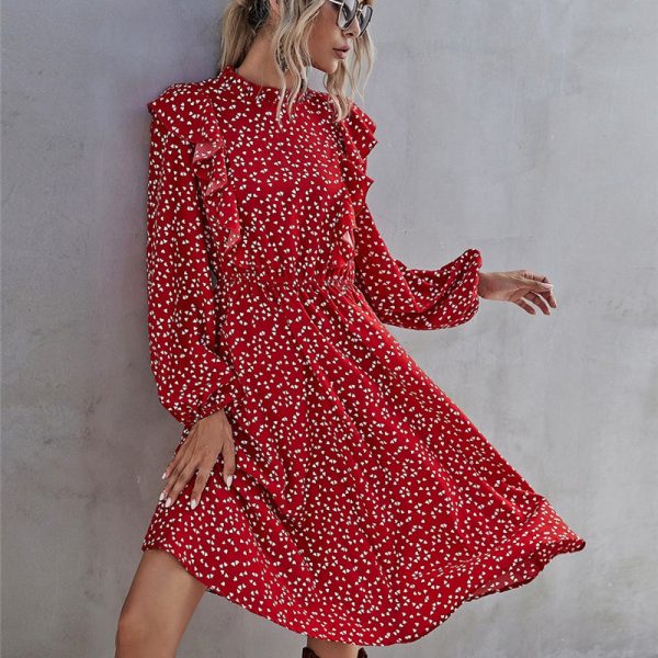 Fashion Ruffles Heart Dot Print Dress Women Elegant Full Sleeve High Waist Ladies Spring Autumn Long Dress Red