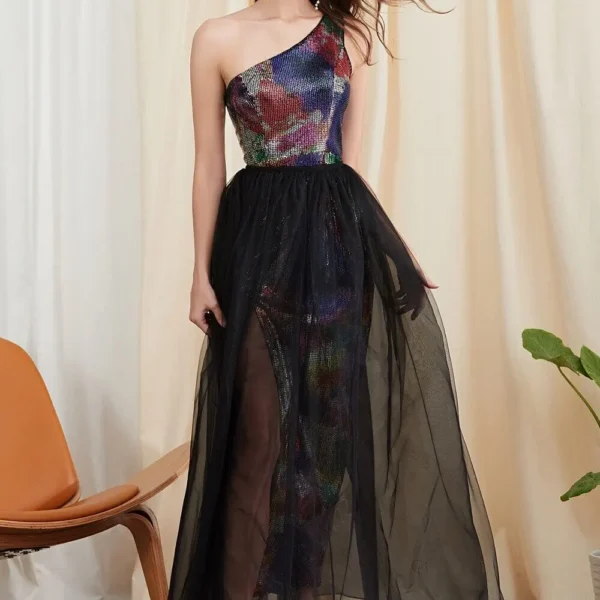 Alternative view of Women's Twinsets Prom Dress One Shoulder Sequined Split Dresses with Layered Skirts Two Piece Dress Sets Party Dresses