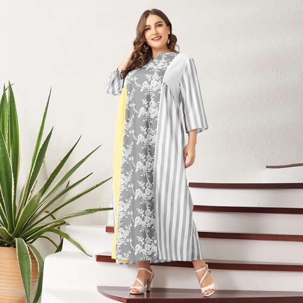 Summer Midi Dress Women Multi-color Floral Striped Chiffon Loose Casual Holiday Stitching V-neck 3/4 Sleeve Long Robes