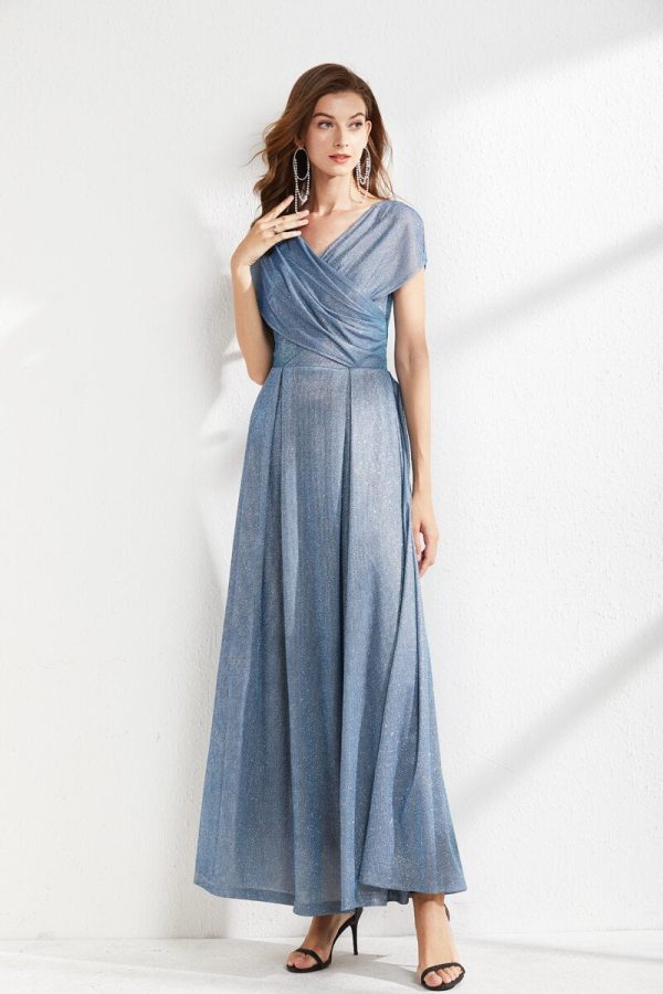 Women's Runway Dresses V Neck Cape Sleeves Criss Cross Elegant Long Maxi Dress Party Prom