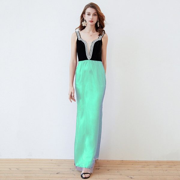 Women's Designer Dress Spaghetti Straps Piping Patchwork Sexy Split Elegant Maxi Long Party Prom