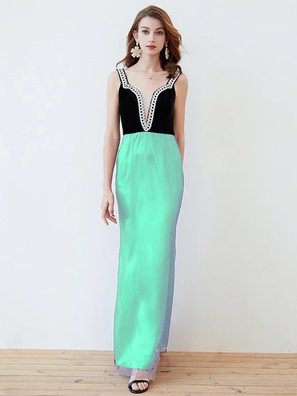 Women's Designer Dress Spaghetti Straps Piping Patchwork Sexy Split Elegant Maxi Long Party Prom