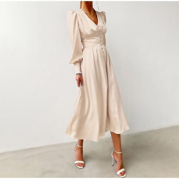 Polka Dot High Waist Midi Dresses Women V-Neck Sweet Long Puff Sleeve Elegant Dress Female 2021 Christmas Lady Party Vestidos - Hplify