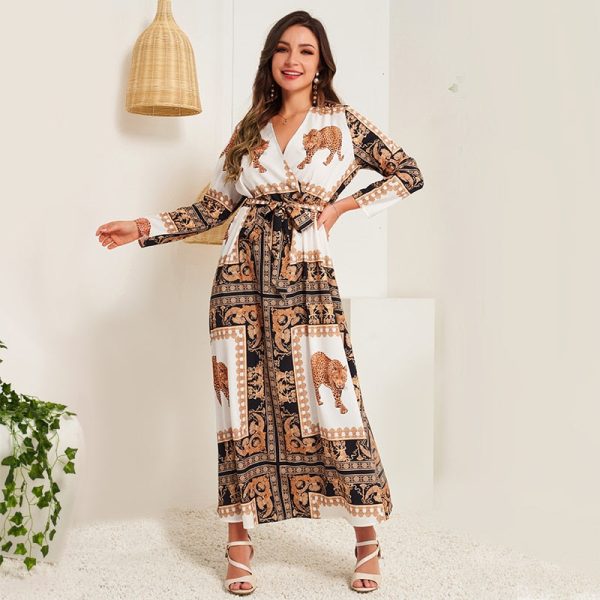 Ladies Fashion V-neck Long Sleeve Slim Animal Retro Printed Belt Long Ladies Style A-line Dress