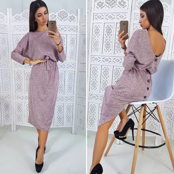 Alternative view of Sexy Knitted Back Button Backless Split Batwing Sleeve Ladies Dress Autumn And Winter Mid-Length Woman Dress Fashion Loose