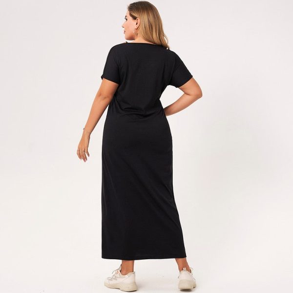 Alternative view of Summer Long Dress Plus Size Women Black Solid Color Webbing V-neck Short-sleeved Loose Casual Party Large Maxi Dresses