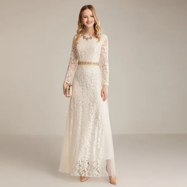 Women's Runway Dresses O Neck Long Sleeves Embroidery Lace Beaded Waist Elegant Fahion Maxi Party Prom