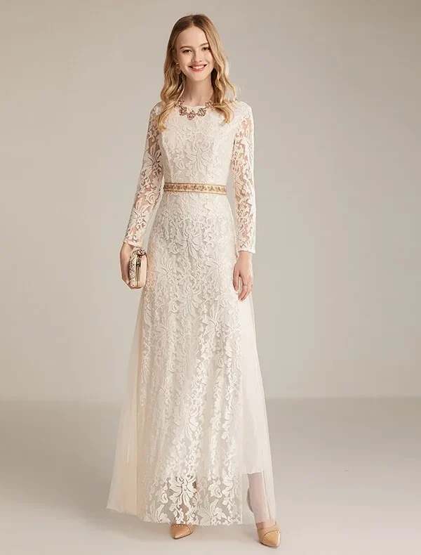 Women's Runway Dresses O Neck Long Sleeves Embroidery Lace Beaded Waist Elegant Fahion Maxi Party Prom