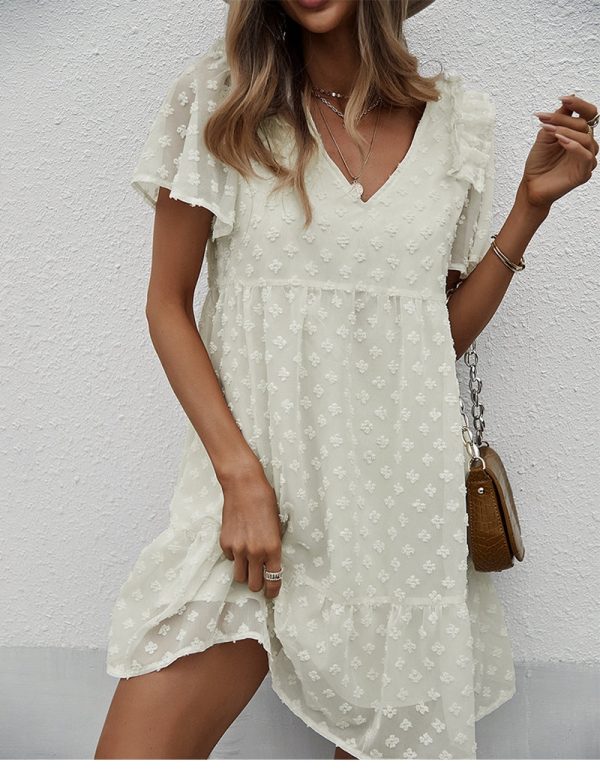 Spring Party Short Dress Women Sexy V Neck Butterfly Sleeve Hairball Holiday Style Ladies Solid Summer Mini Dresses New