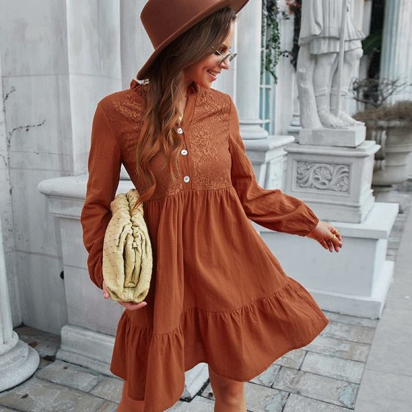 Temperament Loose Casual All Match Dress Spring V Neck Long Sleeve Lace Button A Line Dress Casual Style