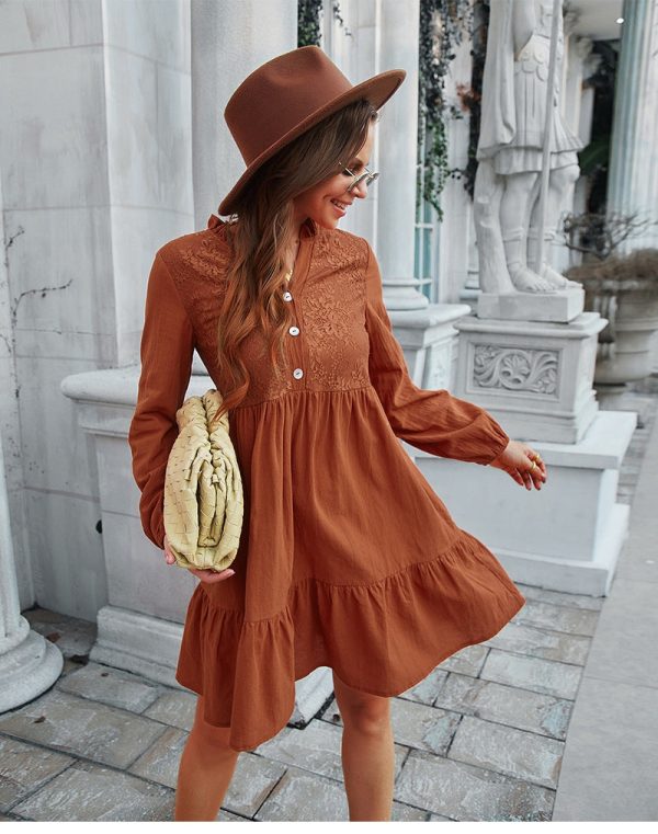 Temperament Loose Casual All Match Dress Spring V Neck Long Sleeve Lace Button A Line Dress Casual Style