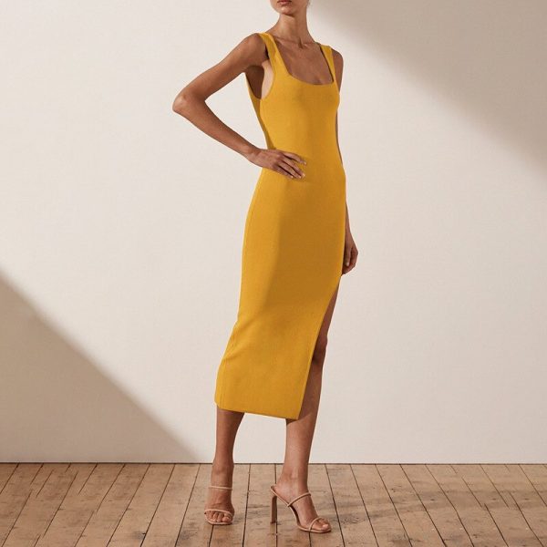 Sexy Sleeveless Backless High Split Long Party Dress Sheath Slim Square Collar Nightclub Festival Summer Dress
