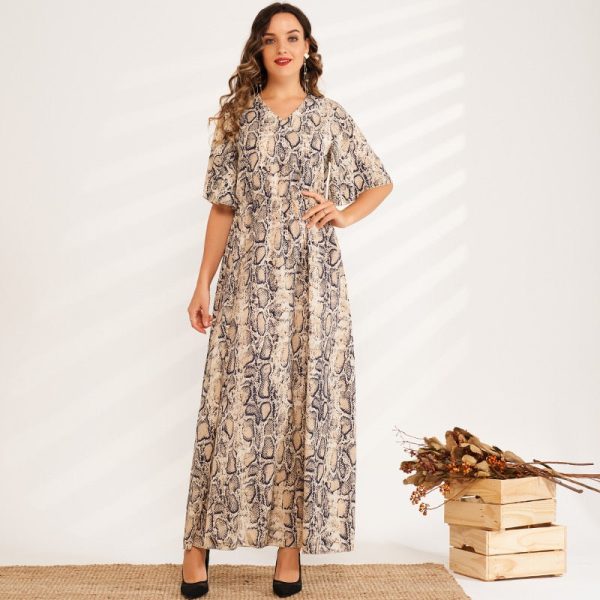 Print Loose Elastic Waist Flared Sleeves V-neck Long Sweet Big A-line Dress