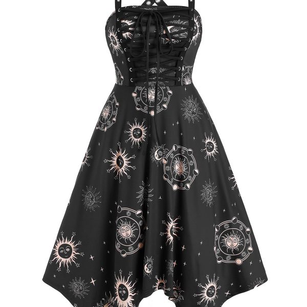 Gothic Black Punk Women Dress Lace Up Sun Phase Print Crisscross Handkerchief Dress Sleeveless Summer Casual Vestidos