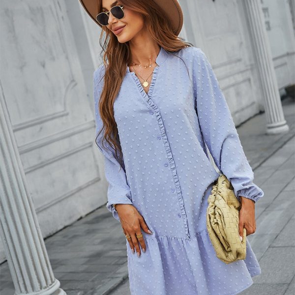 Spring Summer Solid Jacquard Dress For Women Casual Single Breasted V Neck Full Sleeve Ladies Knee Length Dress